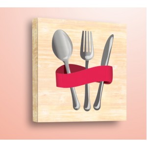 Wall Decoration | For Kitchen, Wood | Cutlery with red ribbon