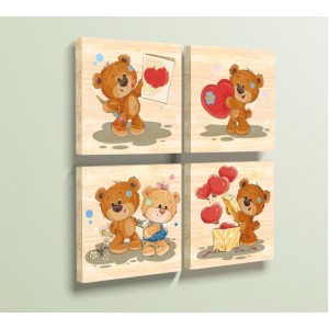 Wall Decoration | Wood | Teddy Bears, Set of 4, Wood