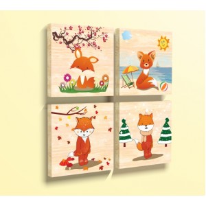 Wall Decoration | For Kids, Wood | Fox Seasons, Set of 4, Design 2